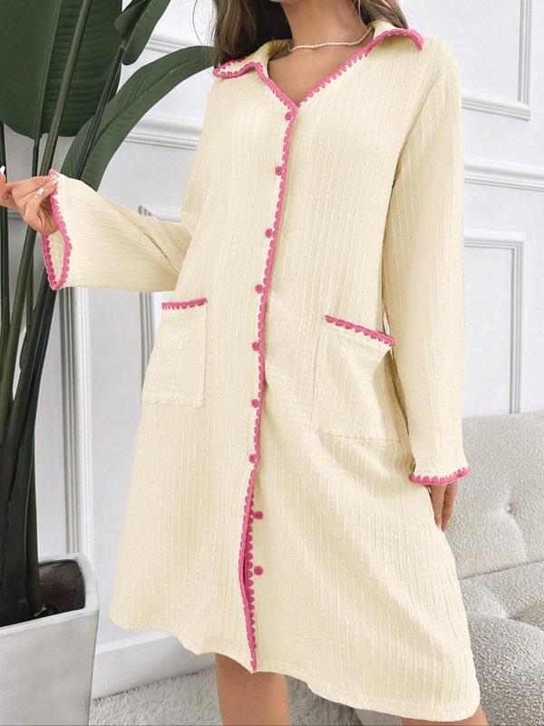 Women's Solid Waffle Knit Contrast Binding Button Front Nightdress, Elegant Long Sleeve Collared Pocket Nightgown, Ladies Sleepwear for Spring & Fall