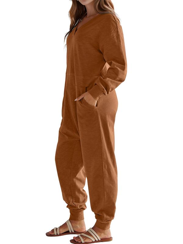 DRESSIN [Orange,Khaki,Black, size XS-XL] Women Cozy Loose Versatile Easy-on Cuffed Knit Solid V-Neck Loose Stretchy Brown Long Sleeve Jumpsuit with Pockets and Tapered Legs Soft and Comfortable for Fall and Winter Lounge wear