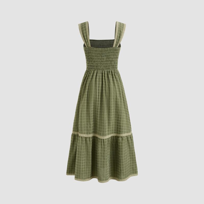 Cider [2 colors, size 0-24] Square Neck Shirred Gingham Maxi Dress