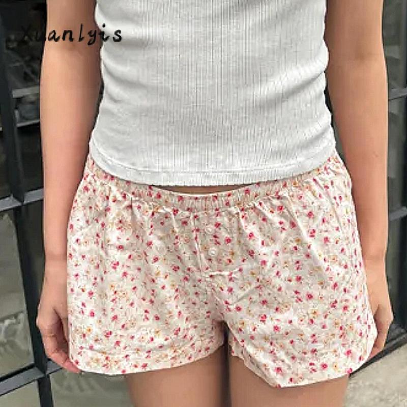 Women's Lounge Shorts Casual Loose Fitting Elastic Waist Floral Short Pants for Summer Lady Womenswear Bottom Plaid