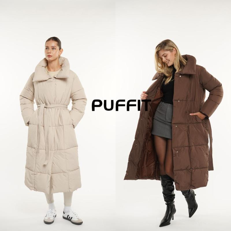 PUFFIT Extra Long Belted Button Premium Puffer Jacket, Warm Winter Coat for Women, Ladies Classic Quilted Padded Coat Big Pocket Large Lapel