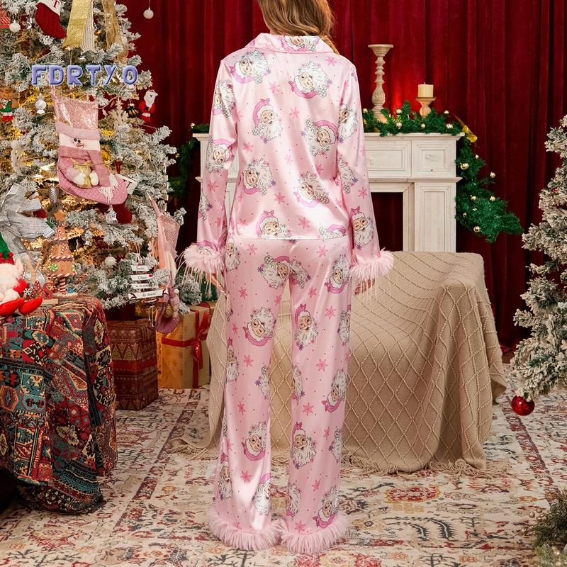 Women Christmas Pajamas Lounge Set Santa Christmas Tree Boots Print Shirts Tops and Pants 2 Piece Loungewear Outfits