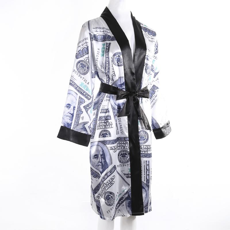 Women´s Satin Robe, Trendy Dollar Print Long Sleeve Silky Kimono Bathrobe Sleepwear with Belt