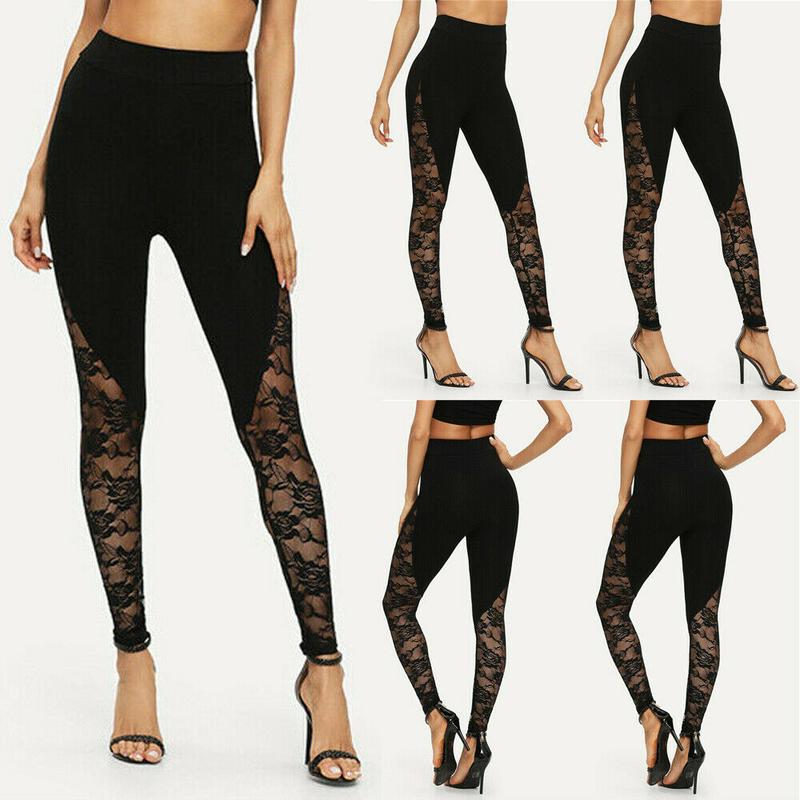 Women Pencil Leggings, Patchwork & Floral Lace Sheer High Waist Long Pants, Slim-Fit Wild Fashion Bottoms