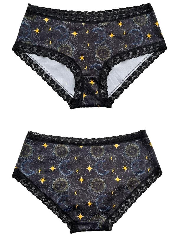 Plus Size Galaxy Print Contrast Lace Knicker, Casual Soft Comfy Panty for Daily Wear, Women's Underwear for All Seasons