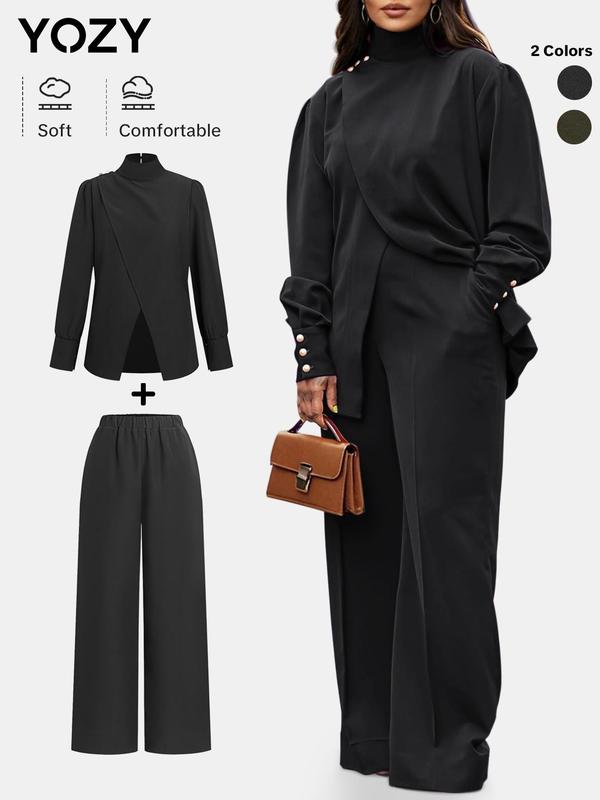 YOZY Christmas Deals, Two-Piece Set Women's Solid Button Keyhole Neck Top & Elastic Waist Pants, Elegant Fashion Outfits for Daily Outdoor Wear, Women Clothes for Fall & Winter, Christmas 2024 Trend, Fall & Winter Outfits