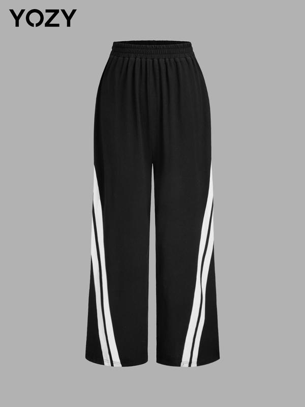 YOZY Women's Striped Pattern Elastic Waist Wide Leg Pants, Casual Comfy High Waist Trousers for Daily Wear, Ladies Bottoms for Fall & Winter