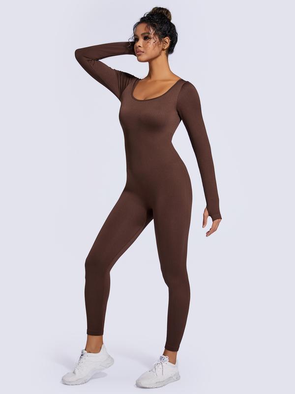 Women's Ribbed Jumpsuit, Casual Tummy Control High Stretch Shapewear Jumpsuit, Long Sleeve Bodysuit for Workout and Sports, Solid Color Seamless Playsuit - Check, Womenswear, Ladies Shapewear Clothes for Daily Wear#SSL1 Tops Longsleeves Comfort Basic