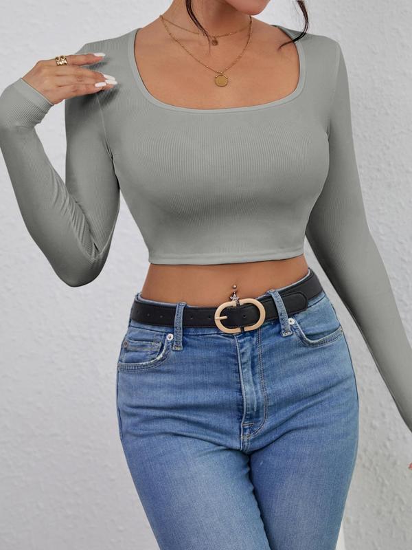 Women's Solid Square Neck Crop Tee Without Necklace, Casual Long Sleeve Cropped Top For Spring & Fall, Women's Top For Daily Wear