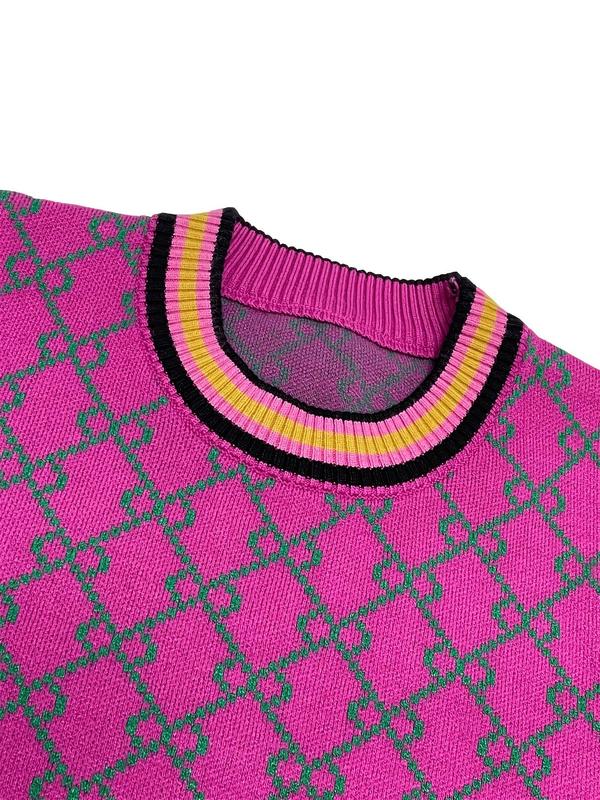 Geometric Print Contrast Trim Round Neck Sweater, Mean Girls Outfit, Long Sleeve Crew Neck Knit Jumper, Womenswear Tops, Fashion Comfort Lady Knit Clothing