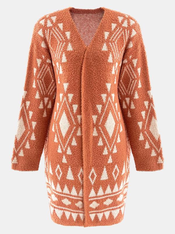 Womenswear Geometric Print Drop Shoulder Cardigan, Lady Casual Long Sleeve Open Front Knitwear for Fall & Winter, Fashion Ladies' Knit Clothing for Daily Wear, Cardigan for Women