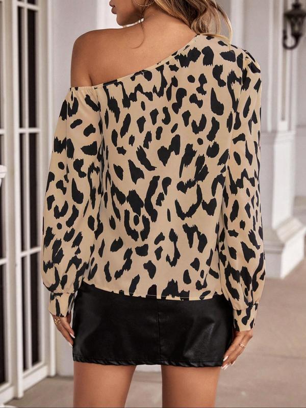 Women's Leopard Print One Shoulder Bishop Sleeve Blouse, Going Out Tops, Elegant Asymmetrical Neck Long Sleeve Tops for Spring & Fall Outdoor