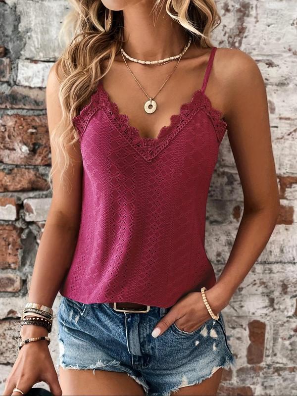 Women's Plain Contrast Lace Hollow Out Cami Top, Casual Spaghetti Strap Backless Top for Summer, Tops for Women, Ladies Clothes for Daily Wear