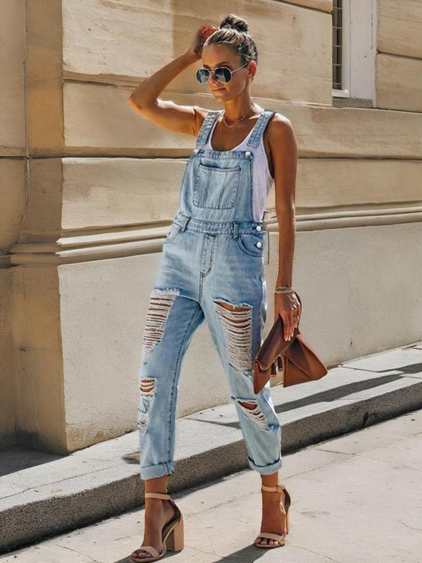 Women's Plain Ripped Pocket Denim Overalls, Casual Fashion Sleeveless High Waist Overalls for Daily Outdoor Wear, Ladies Clothes for All Seasons