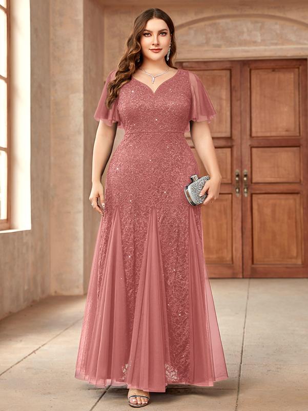 MISSMAY Women's Plus Size Sweetheart V Neck Sequins Lace Tulle Mermaid Hemline Formal Wear Festival Evening Party Maxi Dress YP24234