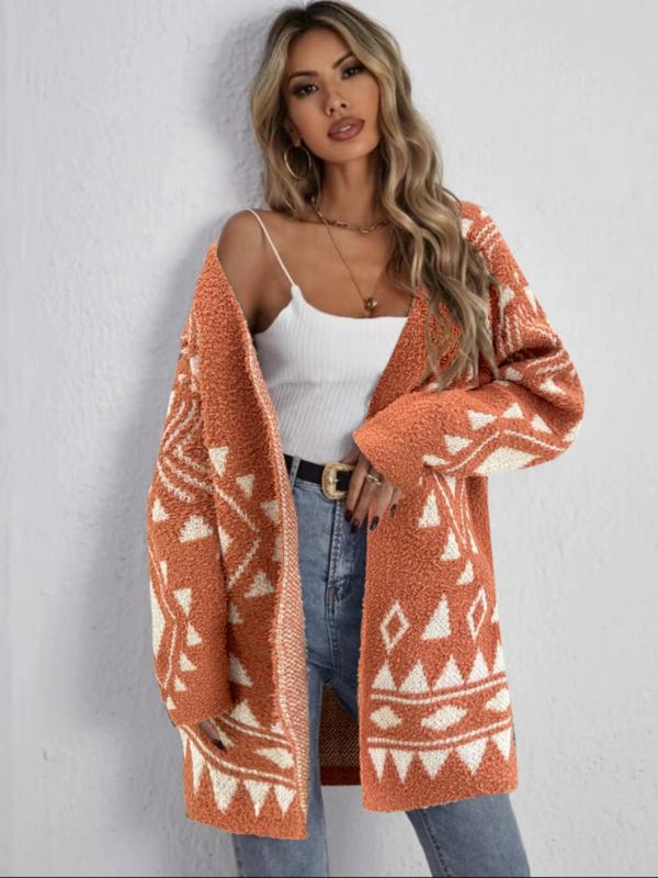 Womenswear Geometric Print Drop Shoulder Cardigan, Lady Casual Long Sleeve Open Front Knitwear for Fall & Winter, Fashion Ladies' Knit Clothing for Daily Wear, Cardigan for Women