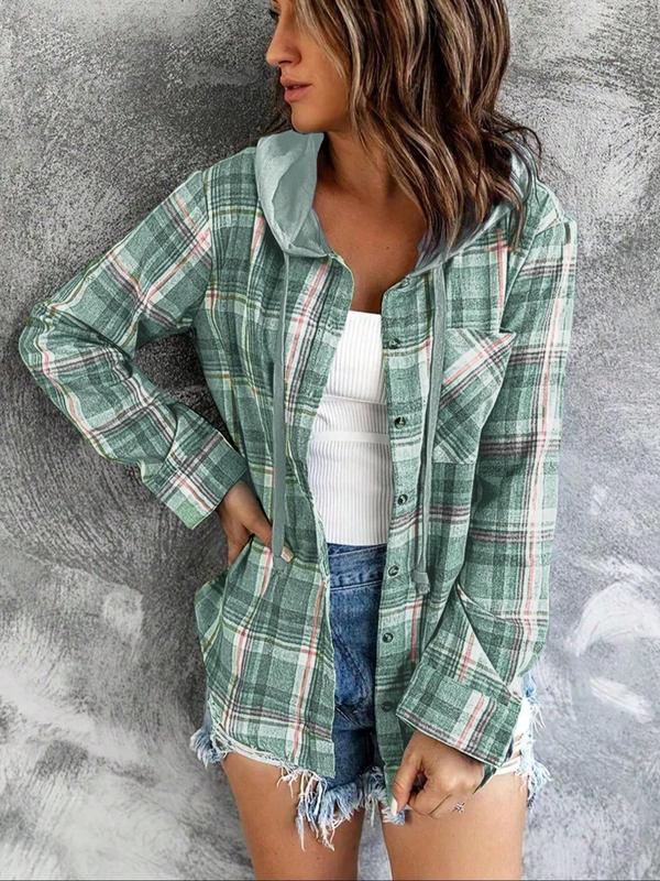 Women's Plaid Print Button Front Drawstring Hooded Coat, Casual Drop Shoulder Long Sleeve Pocket Outerwear for Fall & Winter, Ladies Clothes for Daily Wear, Preppy 80s Clothes