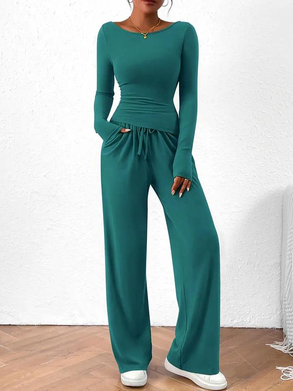 Women's Solid Color Long Sleeve Tee & Drawstring Waist Pocket Pants Loungewear Two-piece Set, Casual Comfy Round Neck Top & Trousers Lounge Sets, Pajama Sets Women, PJ Sets for Women, Ladies Sleepwear for Spring & Fall