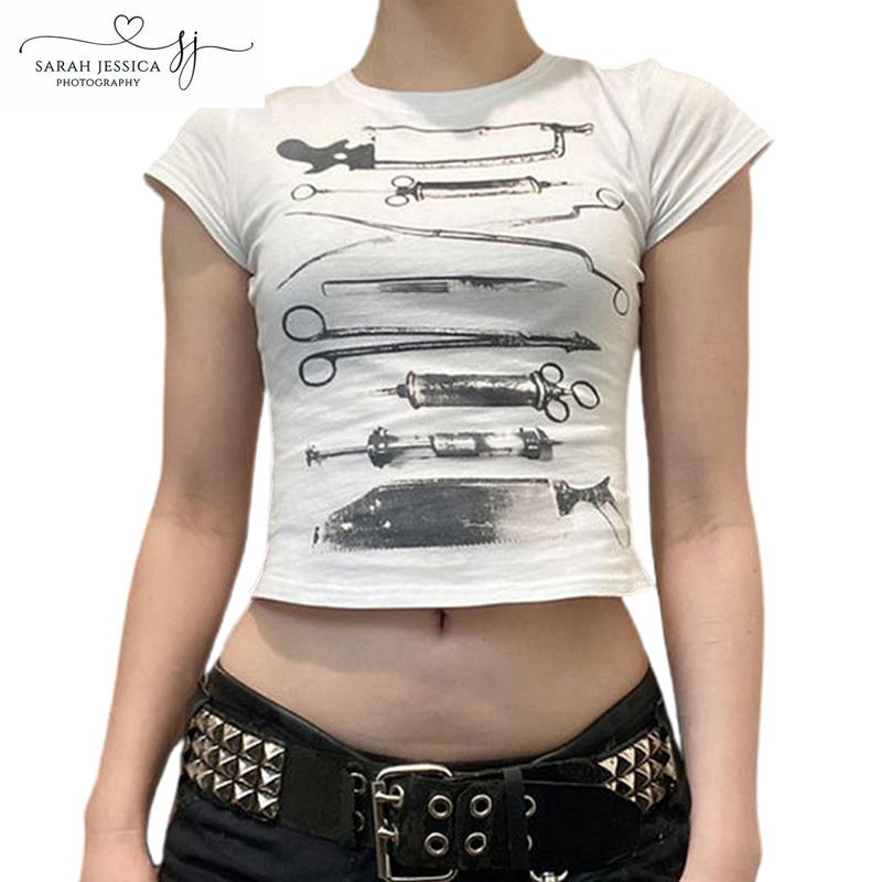 Women Crop Tops Personalized Print Short Sleeve Round Neck Casual T-Shirts Summer Slim Fit Shirts Streetwear Womenswear Check