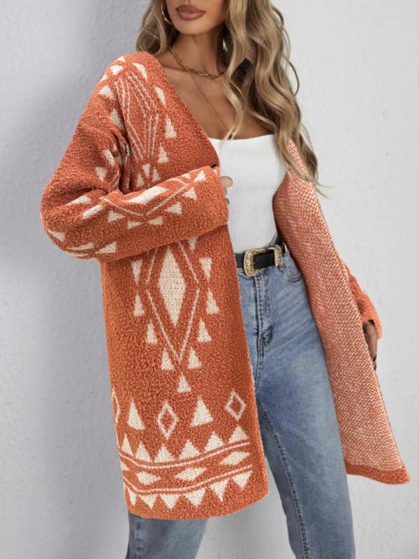 Womenswear Geometric Print Drop Shoulder Cardigan, Lady Casual Long Sleeve Open Front Knitwear for Fall & Winter, Fashion Ladies' Knit Clothing for Daily Wear, Cardigan for Women