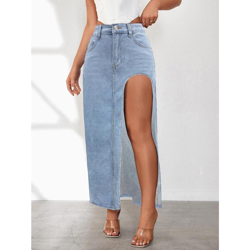 Women's Slit denim skirt for  style washed solid color mid-length skirt Jean Hippie Bottom Womenswear Cargo Maxi Parachute Retro Underwear