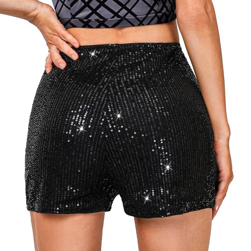 Women's Summer Sequins Shorts Mid Waist Elastic Band Sparkly Straight Leg Shorts Glitter Hot Pants for Party