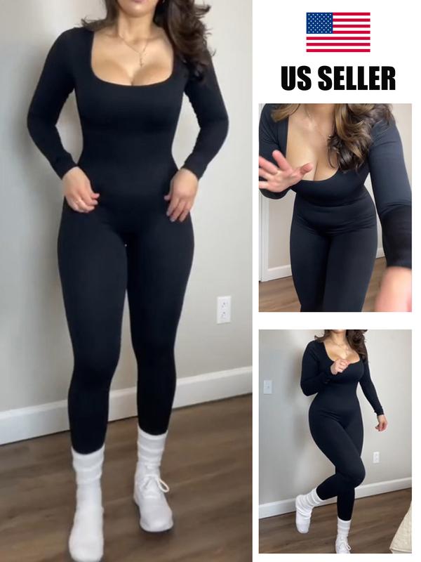 Women's Ribbed Jumpsuit, Casual Tummy Control High Stretch Shapewear Jumpsuit, Long Sleeve Bodysuit for Workout and Sports, Solid Color Seamless Playsuit - Check, Womenswear, Ladies Shapewear Clothes for Daily Wear#SSL1 Tops Longsleeves Comfort Basic