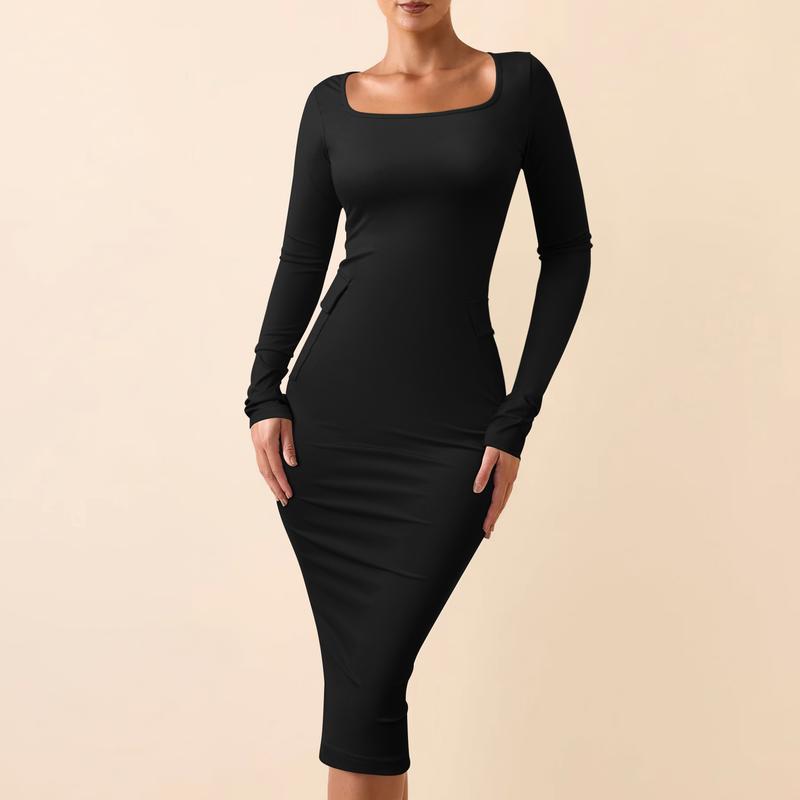 HYZ Women's Long Sleeve Back Slit Bodycon Cocktail Party Midi Dress With Pockets