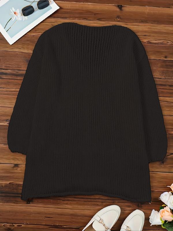 Women's Plain Drop Shoulder Long Sleeve Sweater Pullover, Casual Fashion V Neck Jumper for Fall & Winter, Women's Knitwear for Daily Wear