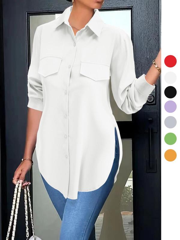 Women's Basic Button Front Longsleeves Split Hem Shirt, Summer Clothes Women, Casual Work Clothes, Minimalist Long Sleeve Collared Top,  Going Out Tops,  Office Outfits Womenwear