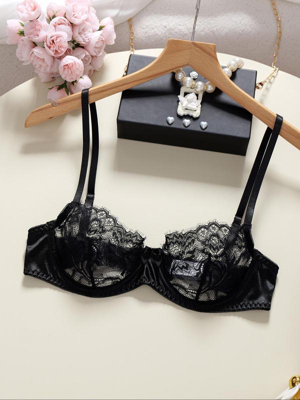 Two-Piece Set Women's Floral Lace Bow Decor Underwire Bra & Thong, Adjustable Strap Push Up Bra & Panty Set, Sexy Lingerie Set for Women