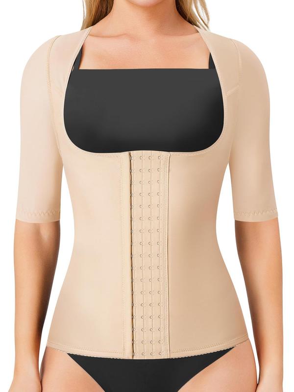 Women's Solid Color Hook & Eye Front Shapewear Top, High Stretch Tummy Control Waist Trainer Shaper, Tummy Tuck Shaper, Ladies Shapewear for All Seasons