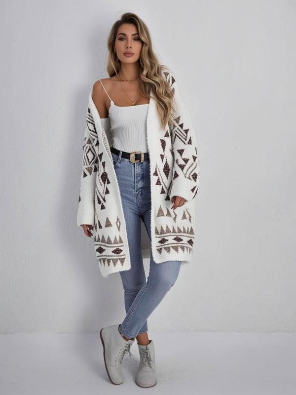 Womenswear Geometric Print Drop Shoulder Cardigan, Lady Casual Long Sleeve Open Front Knitwear for Fall & Winter, Fashion Ladies' Knit Clothing for Daily Wear, Cardigan for Women