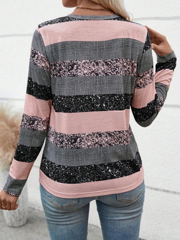 Women's Colorblock Striped Print Buttons Notched Neck Tee, Casual Long Sleeve T-shirt for Fall & Winter, Women's Clothing for Daily Wear