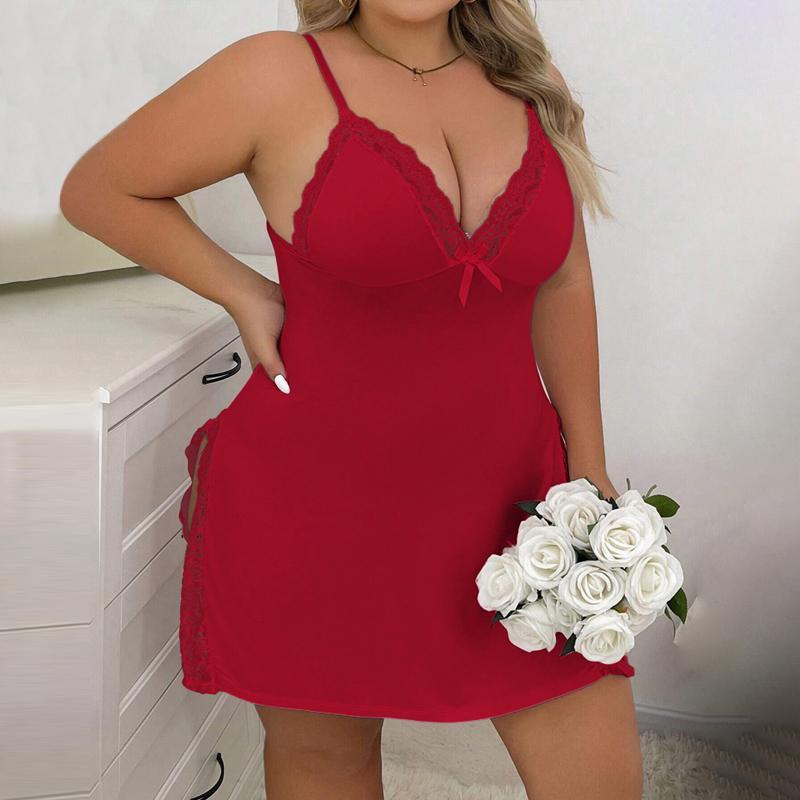 [Plus Size] Chicme Bowknot Decor Lace Patch Slit Sleep Dress lacetrim  sleep Sheer Lace Split Thigh Nightdress Plus Size Women's V-Neck Satin Chemise Teddy Lace Chemise lingerie sexy