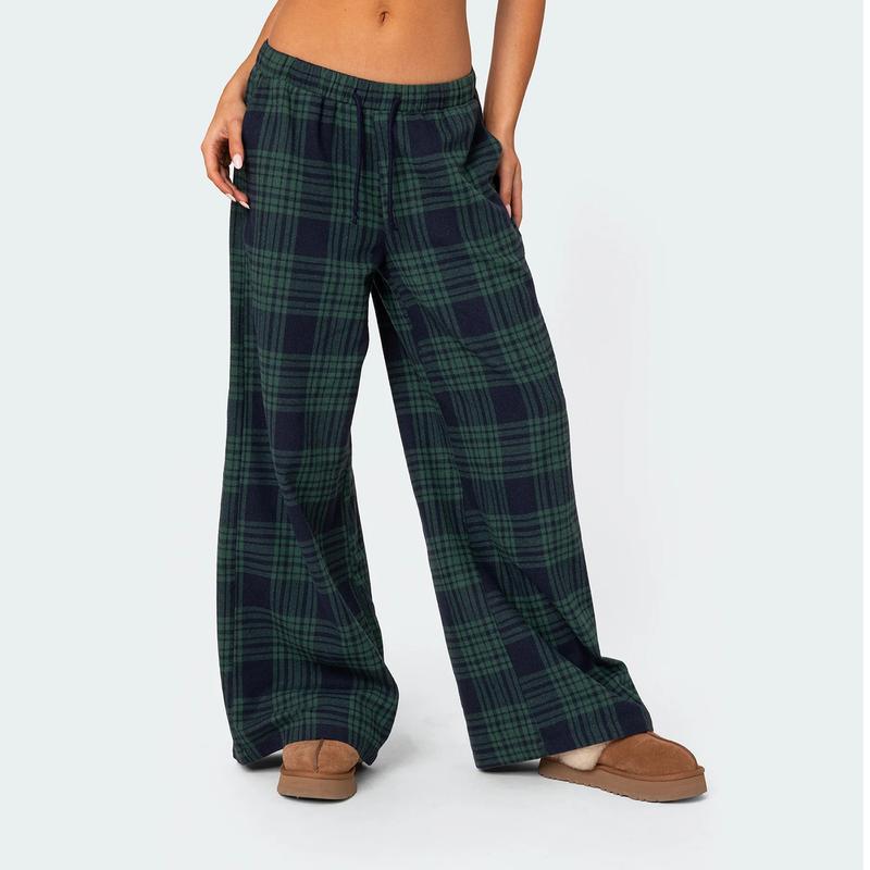 Comfy Pajama Pants for Women Plaid Elastic Waist Wide Leg Lounge Pants Casual Drawstring Loose Bottoms Sleepwear