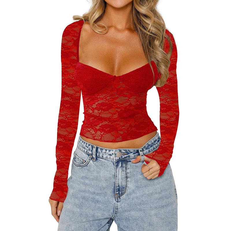 New Women Ladies Girls Fashion Crop Floral Lace Tops Long Sleeve Blouses & Shirts Casual Pullovers for Club Streetwear Aesthetic Grunge Clothes Womenswear Crop Tops