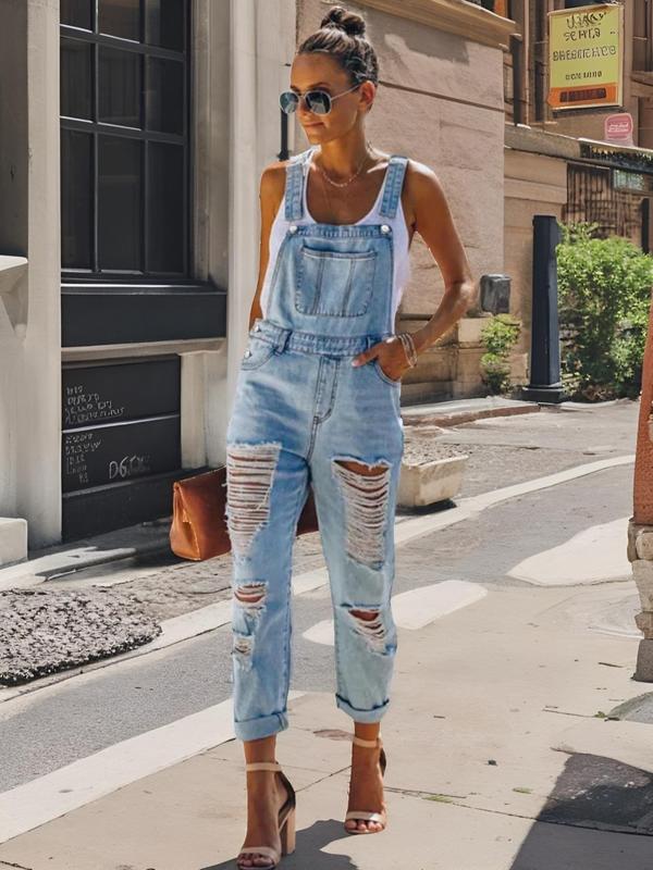 Women's Plain Ripped Pocket Denim Overalls, Casual Fashion Sleeveless High Waist Overalls for Daily Outdoor Wear, Ladies Clothes for All Seasons