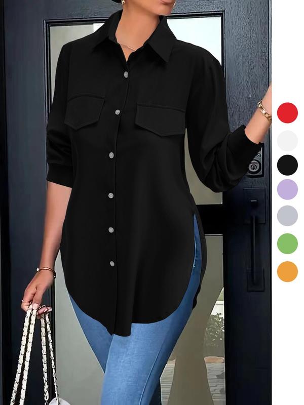 Women's Basic Button Front Longsleeves Split Hem Shirt, Summer Clothes Women, Casual Work Clothes, Minimalist Long Sleeve Collared Top,  Going Out Tops,  Office Outfits Womenwear