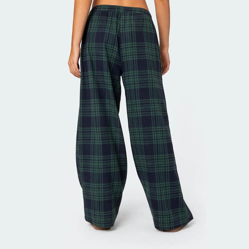 Comfy Pajama Pants for Women Plaid Elastic Waist Wide Leg Lounge Pants Casual Drawstring Loose Bottoms Sleepwear