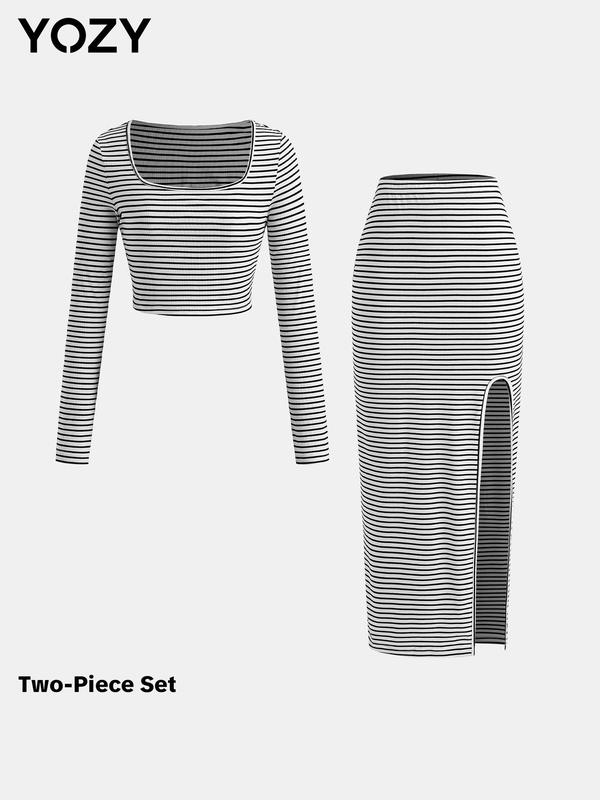 YOZY [size 4-14] Striped Print Crop Top & Split Thigh Skirt Set, Casual Long Sleeve Square Neck Top & High Waist Bodycon Skirt for Fall Holiday, 2024 Women's Spring & Fall Outfits for Daily Wear, [S-XXL]