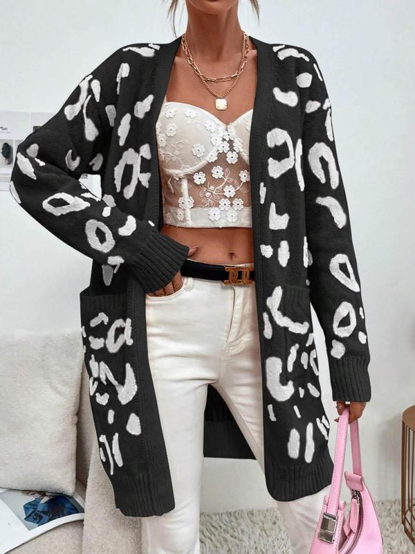 Women's Leopard Print Pocket Cardigan, Casual Drop Shoulder Long Sleeve Open Front Cardigan for Fall & Winter, Fashion Women's Knit Clothing for Daily Wear