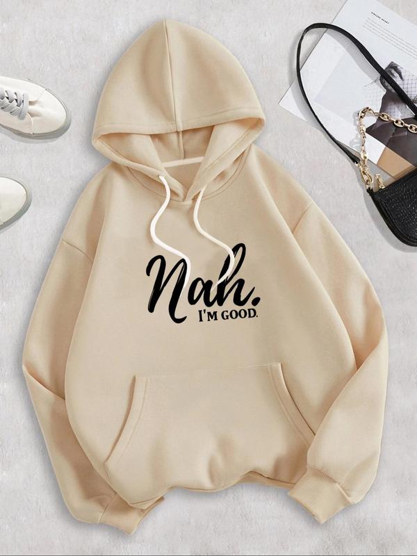 Women's Letter Print Drawstring Pocket Hoodie, Casual Long Sleeve Hooded Sweatshirt for Fall & Winter, Women's Clothes for Daily Wear