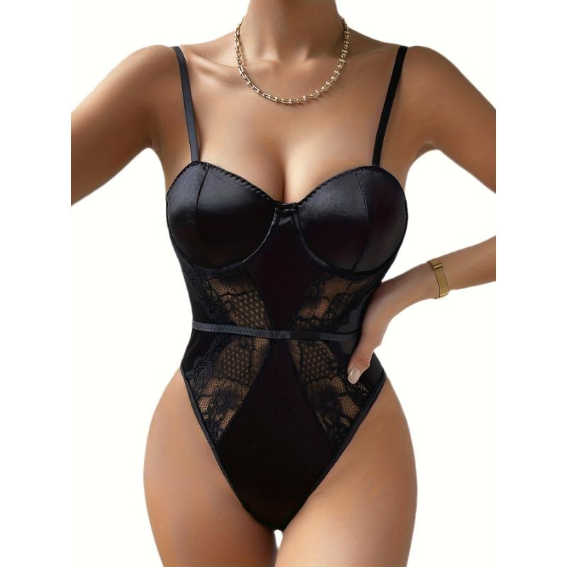 Seductive Contrast Lace Plunge V-Neck Slip Teddy Bodysuit - Open-Back Sleeveless Womens Lingerie for Irresistible Charm