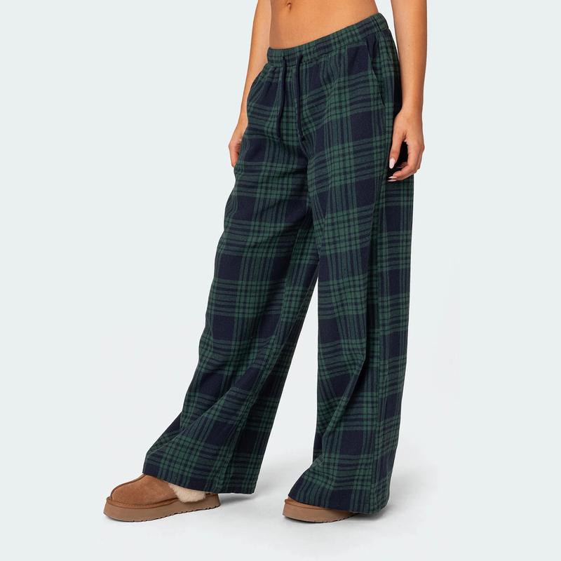 Comfy Pajama Pants for Women Plaid Elastic Waist Wide Leg Lounge Pants Casual Drawstring Loose Bottoms Sleepwear