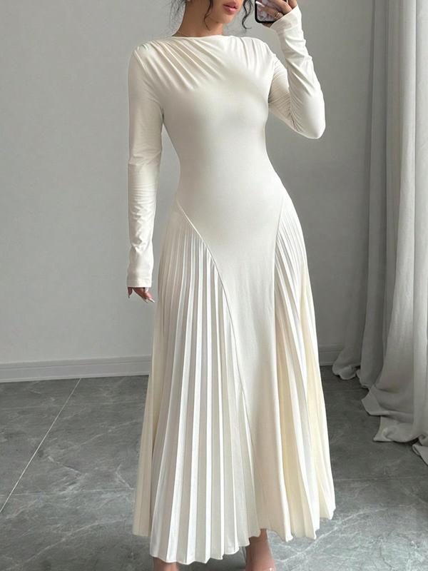 Women's Plain Pleated Long Sleeve Dress, Elegant Round Neck A Line Dress for Party Holiday Wedding Guest, Ladies Spring & Fall Clothes