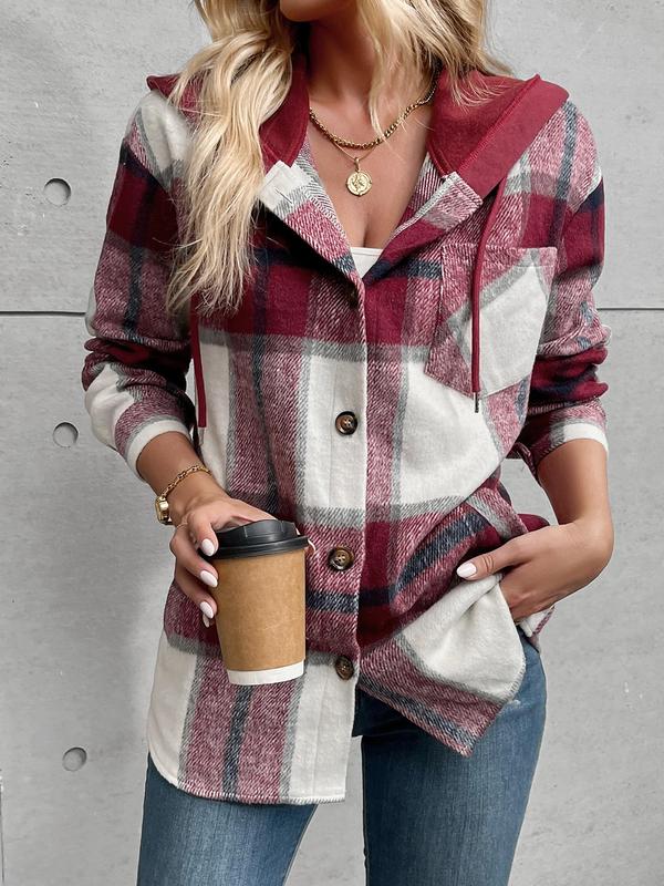 Women's Plaid Print Button Front Drawstring Hooded Coat, Casual Long Sleeve Drop Shoulder Pocket Outerwear for Fall & Winter, Ladies Clothes for Daily Wear