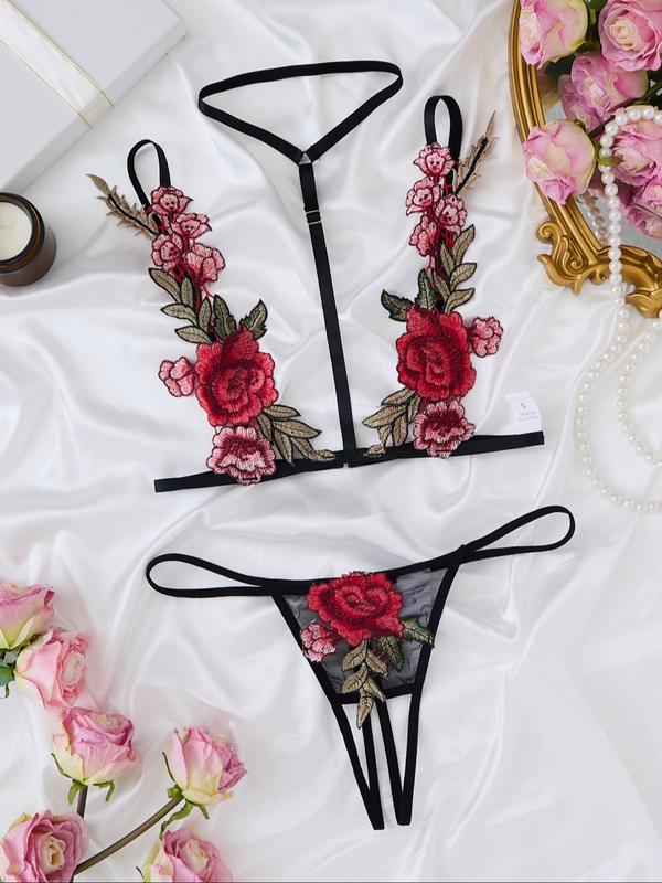 Women's Floral Appliques Ring Linked Thong and Bra Two-piece Set, Adjustable Strap Backless Lingerie Set, Soft Comfy Breathable Lingerie Set for Women