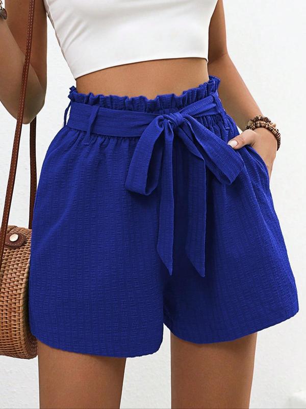 Women's Solid Paper Bag Waist Belted Shorts, Casual Frill Trim Pocket Shorts for Summer, Fashion Women's Bottoms for Daily Wear