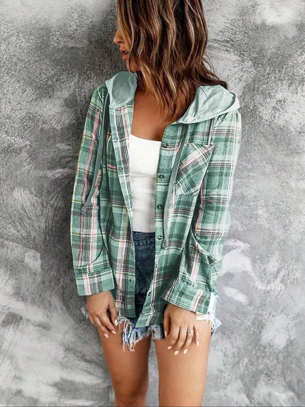 Women's Plaid Print Button Front Drawstring Hooded Coat, Casual Drop Shoulder Long Sleeve Pocket Outerwear for Fall & Winter, Ladies Clothes for Daily Wear, Preppy 80s Clothes